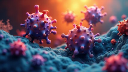Fototapeta premium Close-up of glowing virus-like structures in pink and red hues, symbolizing virology and medical science