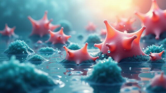 Dynamic microscopic view of spiked virus-like structures in vibrant colors, symbolizing virology and cellular studies - Powered by Adobe