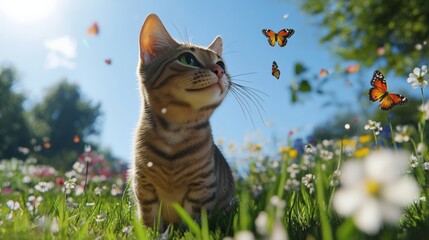 Curious kitten enjoying a sunny day with butterflies in a colorful flower field.