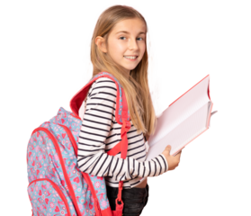 Young beautiful girl wearing student backpack reading book standing isolated over transparent background. Education concept. PNG transparent.