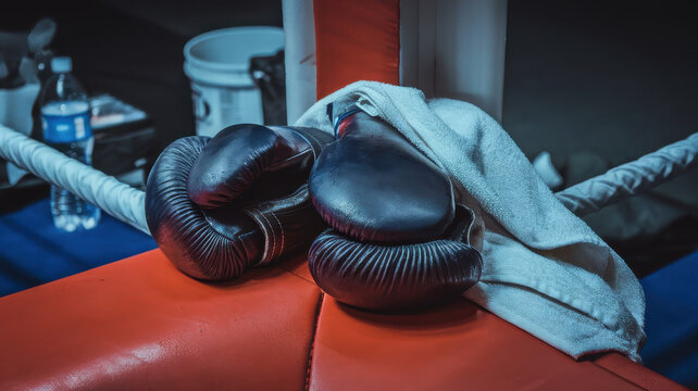 A pair of black boxing gloves resting on a red boxing ring corner with a white towel draped over them, creating an atmosphere of intensity and preparation.