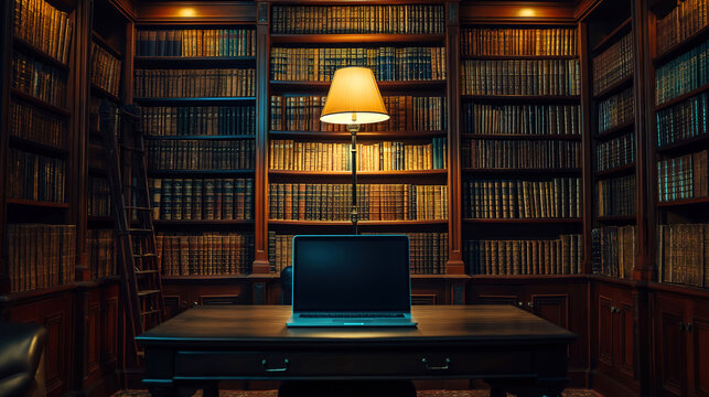 laptop amidst old books in a beautifully designed classic library interior
