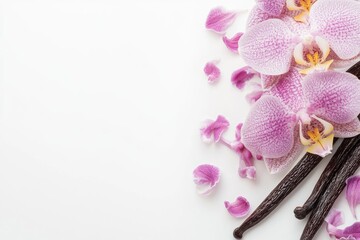 Vanilla pods and orchid flower isolated white background