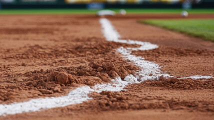 Close-up view of a baseball field's foul line with rich brown dirt and white chalk, capturing the texture and detail of the well-maintained sports surface.