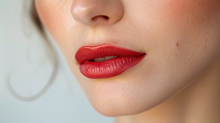 Close-up profile of a womans face showcasing makeup and lipstick, highlighting her lips and skincare. Focus on cosmetics, wellness, and facial beauty against a white background