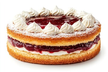 An isolated image of a Victoria sponge cake with jam and cream on a white backdrop. Generative Ai