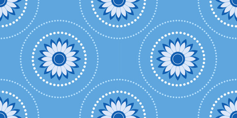 Floral seamless pattern in blue colors. Blue white floral elements on blue background. Geometry folk round elements for romantic decor. Traditional ethnic craft monochrome ornament in country style