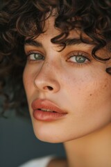 Fototapeta premium Portrait of a woman showcasing skincare beauty, featuring healthy skin treatments and luxury spa elements. Emphasizes natural glow, curly hair, and organic makeup for self-care