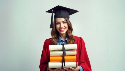A graduate holding a stack of diplomas with a confident smile in a studio portrait.