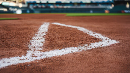 Close-up view of a baseball diamond's home plate area, featuring the white chalk lines on rich brown dirt. The stadium is empty, evoking a sense of anticipation.