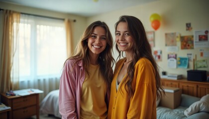 College roommates celebrating move-in day by decorating their shared dorm room.