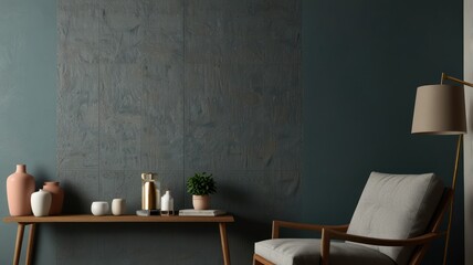 Modern minimalist living room corner with textured wall, armchair, and side table.
