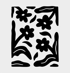 Black silhouette design with an organic, abstract pattern on a light gray background. Curved and irregular shapes resembling flowers, leaves or plant-like forms. Vector hand-drawn illustration.