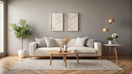 A minimalist living room with a white sofa, wooden coffee table, and a soft rug, decorated with two pendant lights, a potted plant, and two framed pieces of art.