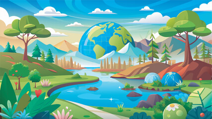 Artistic illustration with a vibrant Earth globe in a colorful natural landscape. Diverse ecosystems, trees, river, and mountains create a serene, deep connection with nature.