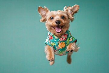 dog in a Hawaiian shirt. on a plain colored background. jumps up and down merrily. strong happy emotions. real photo. high detail. 