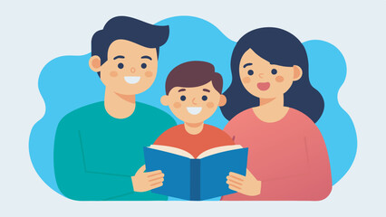 Obraz premium A happy family reading together. Father in green, mother in pink. Son in the middle, all smiling. Blue background with clouds. Joyful scene.