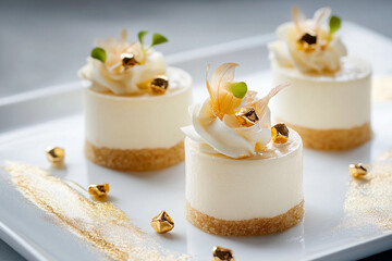 Creamy desserts with golden accents on a serving platter