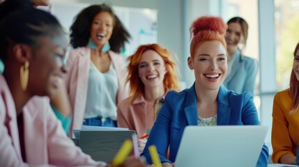 Group of diverse women collaborating on a fashion project in an office setting, utilizing a laptop and showcasing teamwork in design