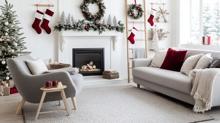 A Christmas-decorated Scandinavian living room features a warm fireplace, a comfy chair with a blanket, and a festive garland