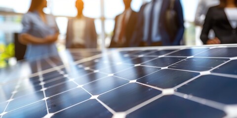 Professionals discussing a solar panel project and strategy in an office, collaborating on design options and sustainability proposals with a team