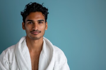 Obraz premium Portrait of a man in a bathroom robe after a shower, focusing on skincare and facial hygiene in a luxurious wellness routine
