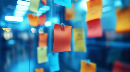 Colorful Sticky Notes Hanging On Glass Panel