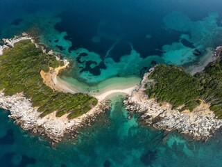Aerial view of Ksamil Islands surrounded by blue and turquoise waters. Albania
