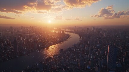 Fototapeta premium Aerial View of Cityscape Against the Sky During Sunset