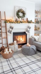 Fototapeta premium A Christmas-decorated Scandinavian living room features a warm fireplace, a comfy chair with a blanket, and a festive garland