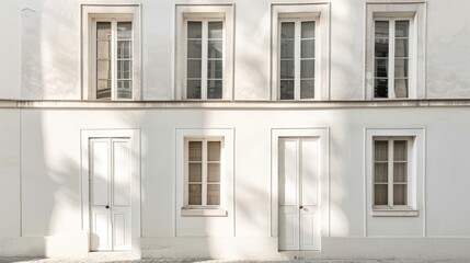 Fototapeta premium Elegant Parisian street, minimalist architecture, full wall with windows and doors, warm sunlight, serene urban scene, no people.