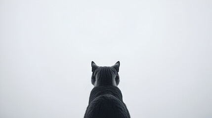 Rearview of Sitting Black cat on white background.