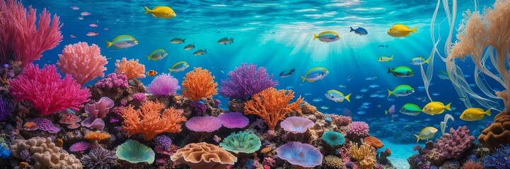 Naklejka premium Vibrant coral reef teeming with diverse marine life underwater