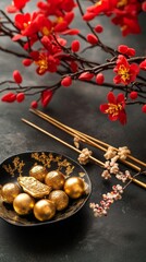A bowl with golden balls in it surrounded by beautiful red flowers and sticks.