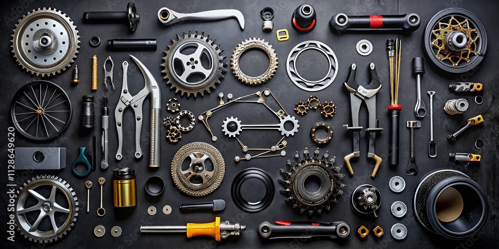 Poster bicycle parts and tools on a black table for creative food photography layout with space for text an