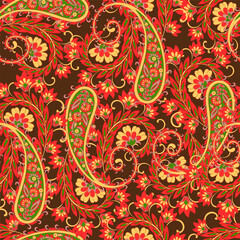 Paisley vector seamless design featuring stunning flowers and leaves in a batik-inspired style. Vintage backdrop