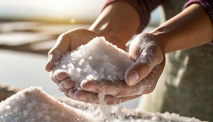 Close-up view of a salt worker's hands holding sea salt. In the background flooded salt pans.