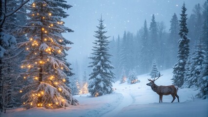 Magical Christmas Banner Featuring a Reindeer in a Snowy Forest with Twinkling Trees and Stars
