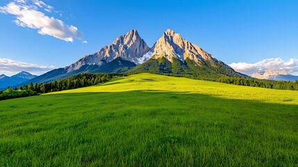 Majestic Mountain Peaks Surrounded by Lush Green Grassland and Blue Sky