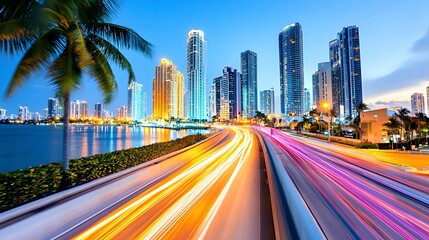 Obraz premium Vibrant Urban Skyline at Dusk with Light Trails on Highway