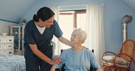 Wheelchair, nurse and support with old woman in bedroom for healthcare, caregiver and retirement....
