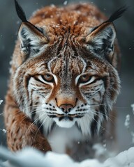 Obraz premium Lynx gracefully walking through a snowy forest while searching for food in winter s embrace