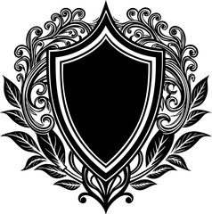 Heraldic shield with royal floral ornament. Vintage crest sign or coat of arms