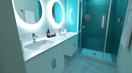Modern bathroom with teal shower, double sinks, and illuminated mirrors.