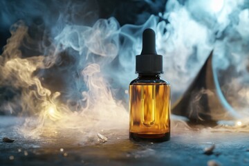 Brown glass dropper bottle among swirling smoke and mystical atmosphere at night