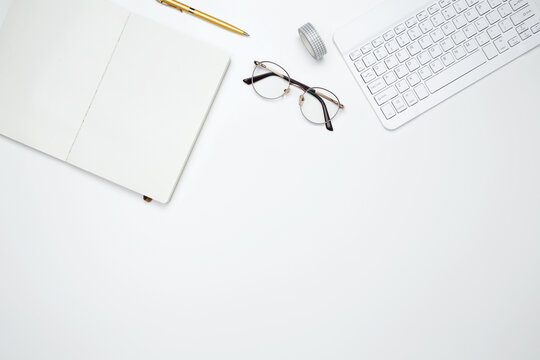 Flat lay composition with copy space. Office workspace and productivity concept. Mock up notebook