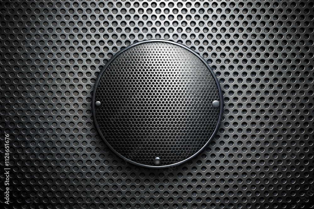 Poster black perforated metal plate background with dark gray circle mesh pattern for industrial and design