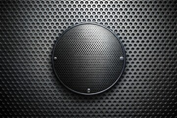 Black Perforated Metal Plate Background with Dark Gray Circle Mesh Pattern for Industrial and Design Applications, Featuring Copy Space for Text Overlay and Branding Needs