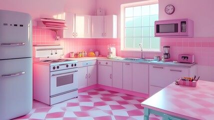 Sunlit pink retro kitchen with appliances, cabinets, and checkered floor.