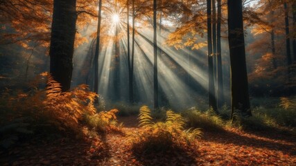 Obraz premium Golden sunlight streams through a forest of autumn trees
